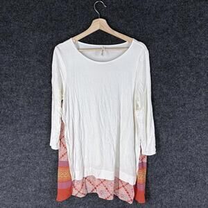 Rachel Kate T-Shirt Women L Large White Geometric 3/4 Sleeve Rayon Pullover